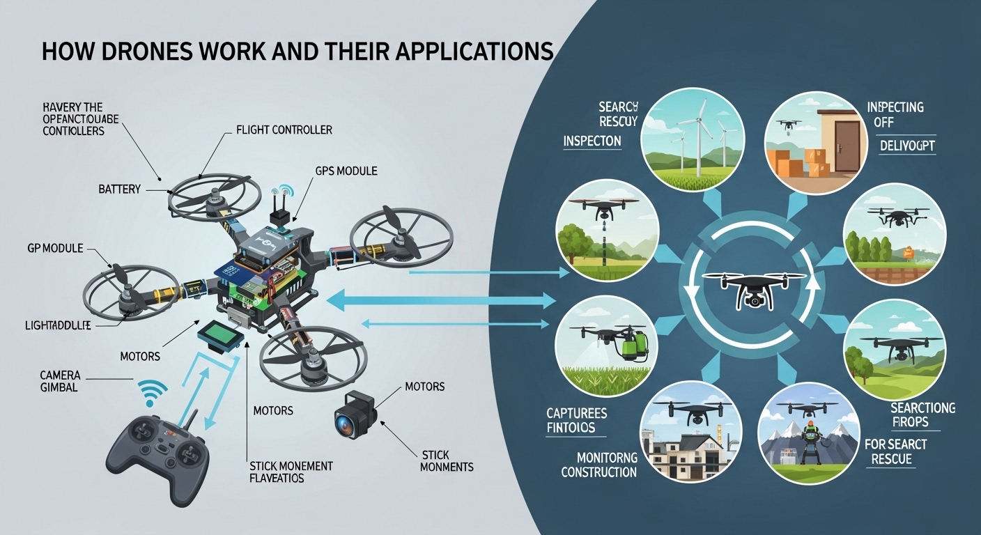 How drones work diagram showing quadcopter parts including propellers, motors, battery, GPS, and flight controller