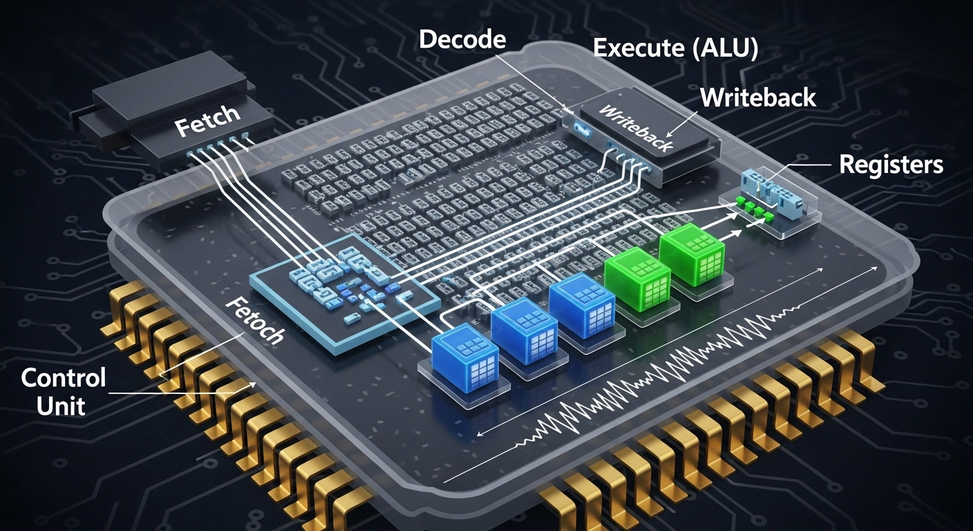 Close-up view of a modern computer CPU with circuitry and transistors, illustrating how processors work