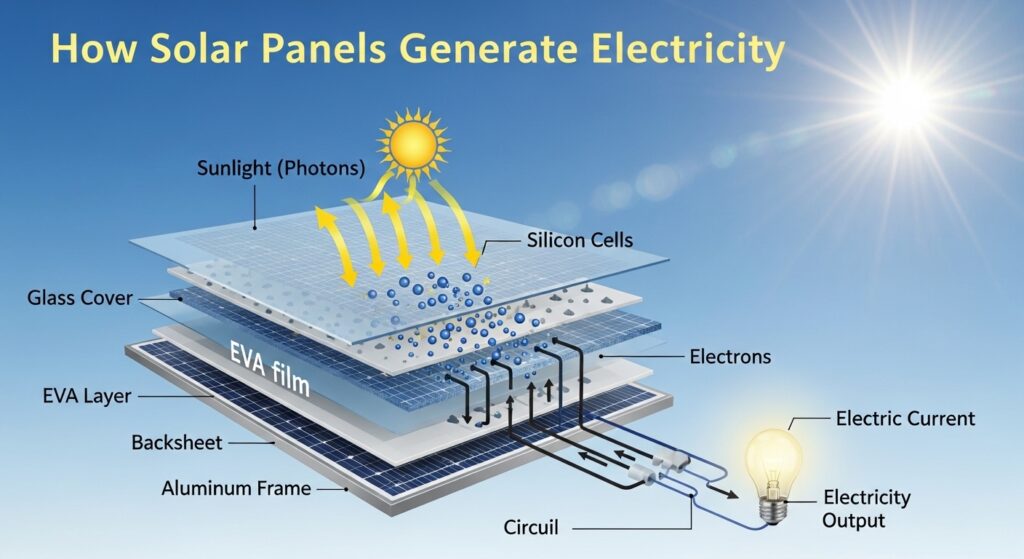 Solar panels on a rooftop converting sunlight into electricity with sunlight beams visible