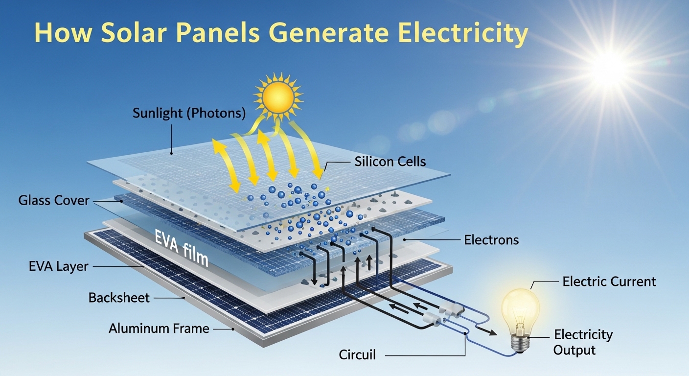 Solar panels on a rooftop converting sunlight into electricity with sunlight beams visible