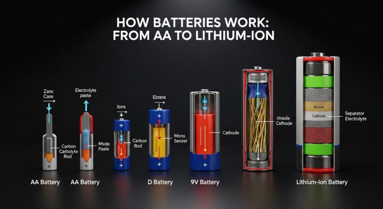 Diagram showing different types of batteries from AA to lithium-ion with internal chemical structure illustration