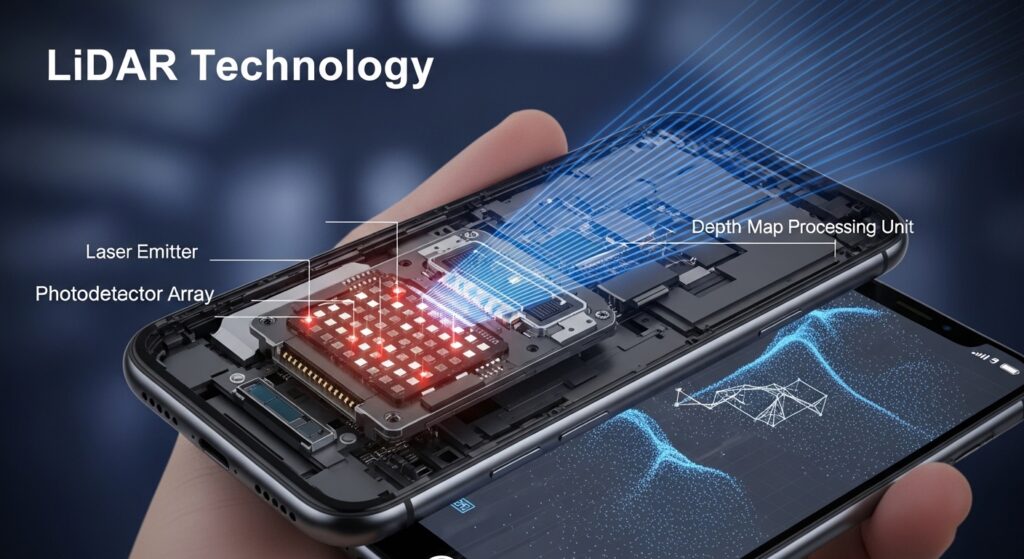 LiDAR sensor technology inside modern smartphone for 3D depth scanning and augmented reality applications