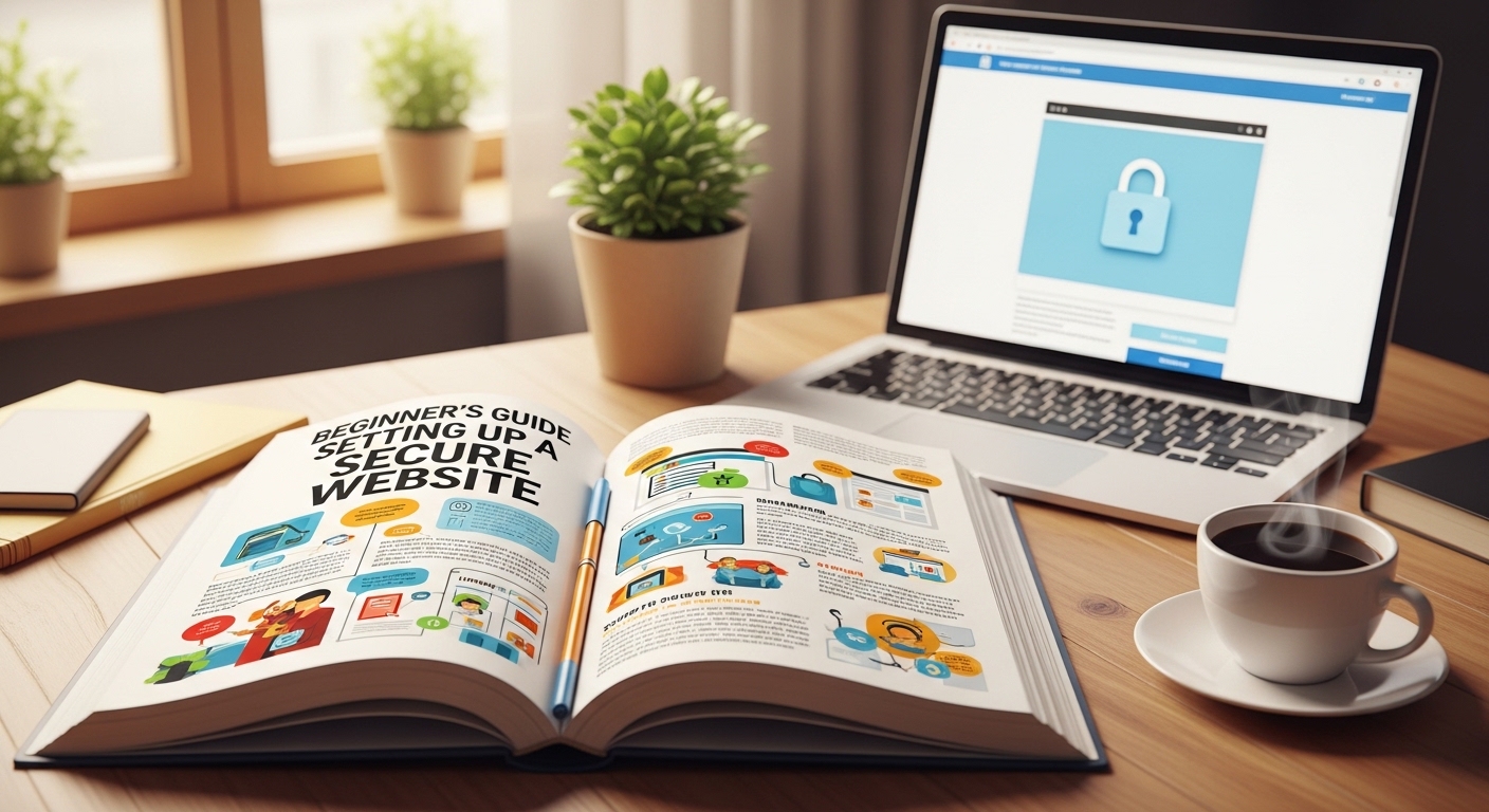 Beginner setting up a secure website with SSL certificate, firewall protection, and cybersecurity tools on laptop dashboard