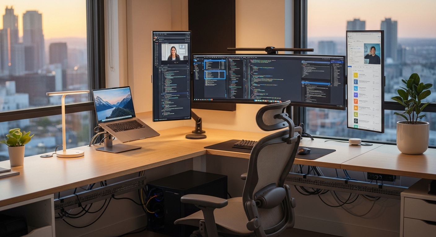 Modern home office setup with dual monitors, ergonomic chair, wireless keyboard, and smart desk lighting for tech efficiency