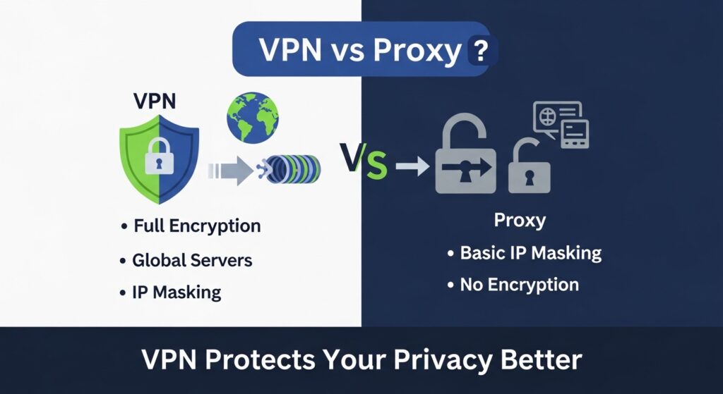 VPN vs Proxy comparison showing how each tool protects online privacy and secures internet connection