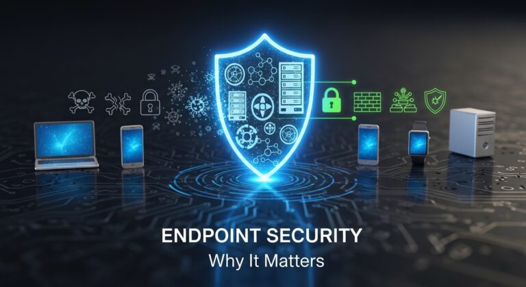 What is endpoint security concept showing laptop protected by cybersecurity shield and antivirus software