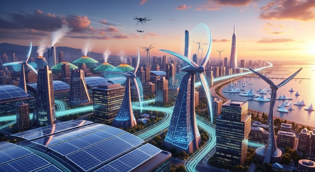 Advanced solar panel farm with next-generation photovoltaic technology powering sustainable renewable energy systems