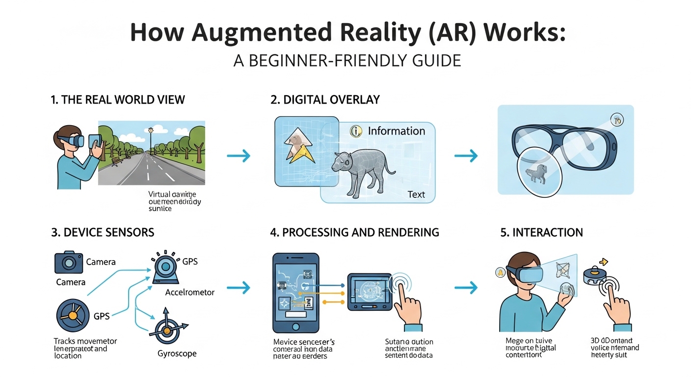 How augmented reality works showing digital 3D objects overlaying real world through smartphone screen