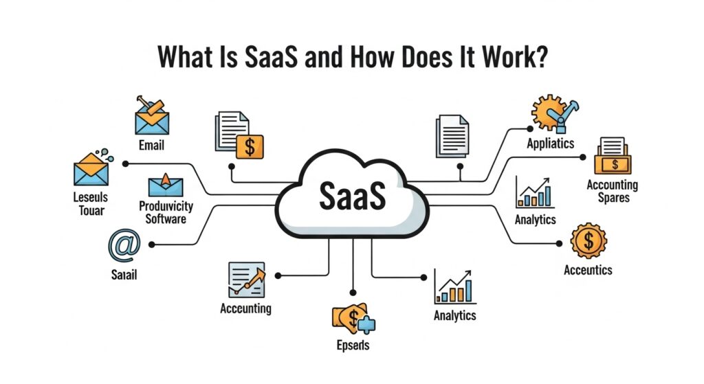 What is SaaS software explained with cloud computing icons and workflow