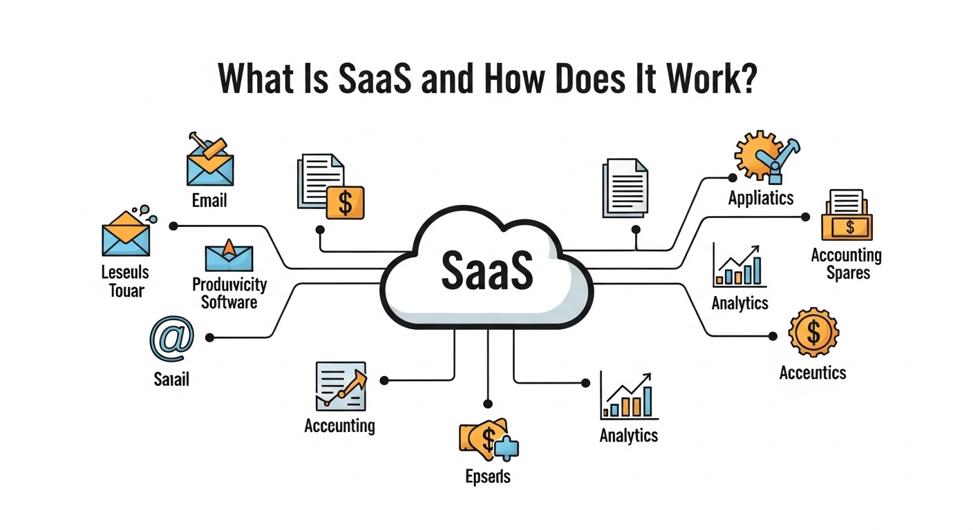 What is SaaS software explained with cloud computing icons and workflow