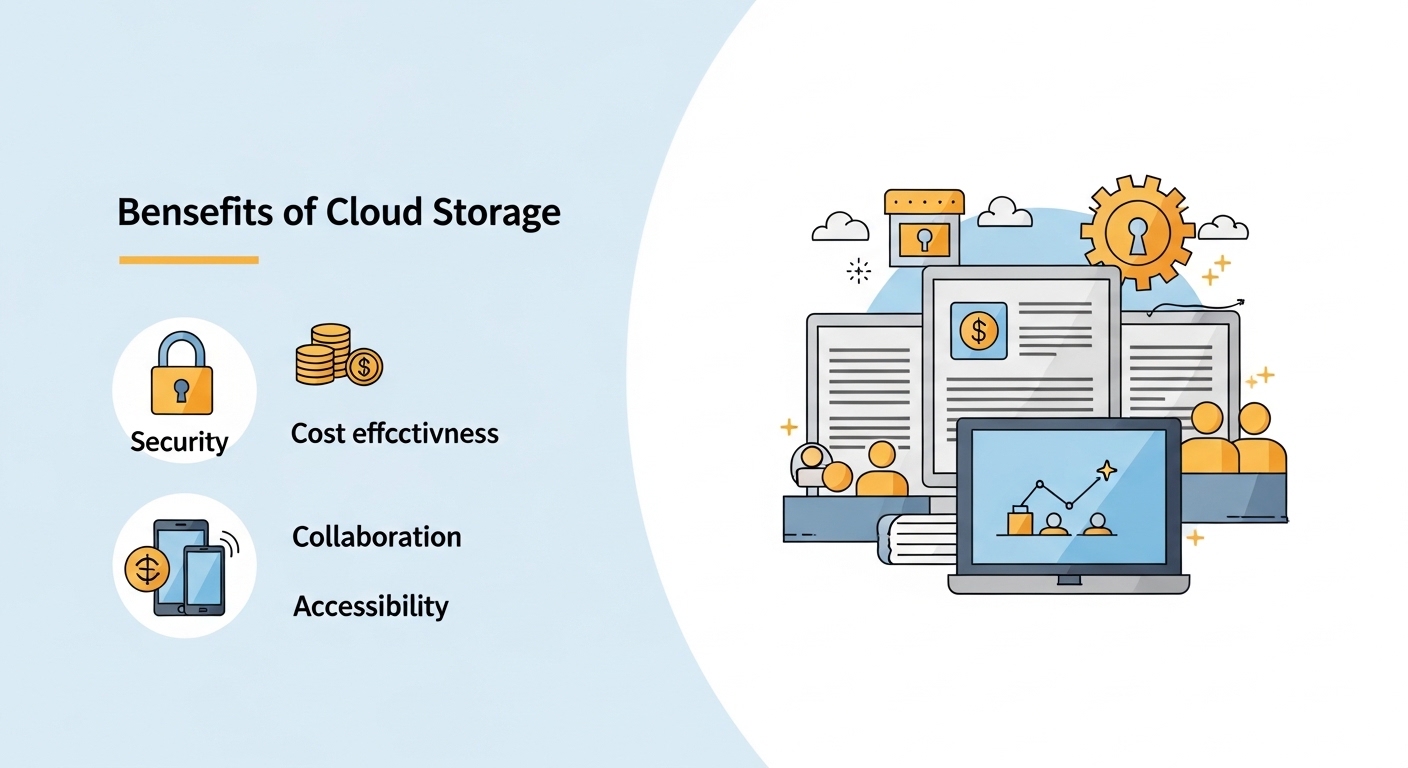 Illustration of cloud storage concept with files, folders, and data syncing in the cloud