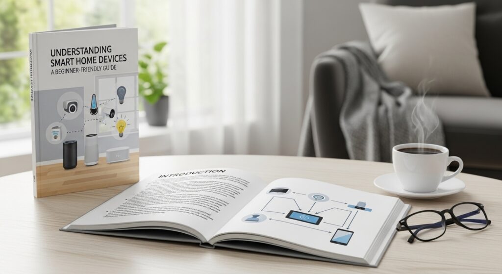 Understanding Smart Home Devices including smart speakers, smart thermostat, smart lighting, and home security system connected via WiFi