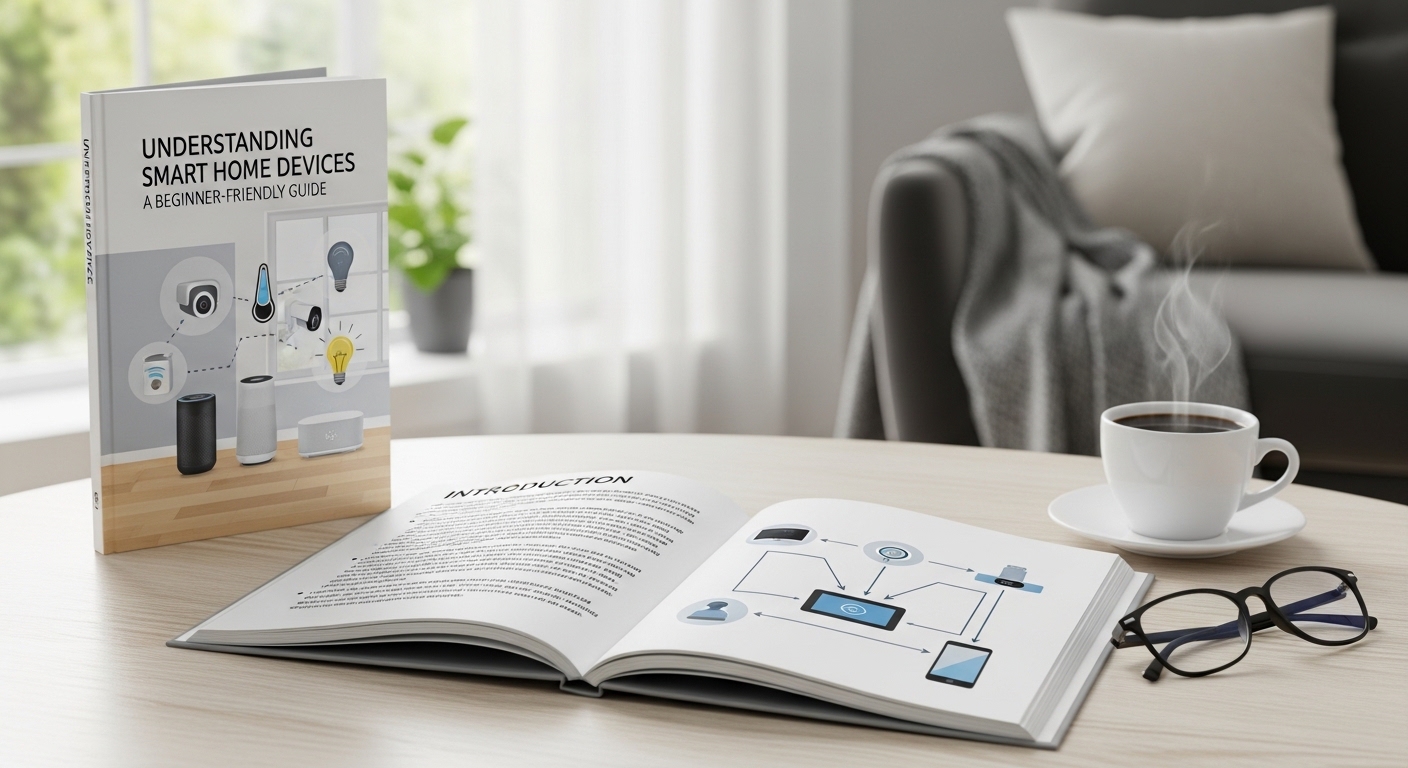 Understanding Smart Home Devices including smart speakers, smart thermostat, smart lighting, and home security system connected via WiFi