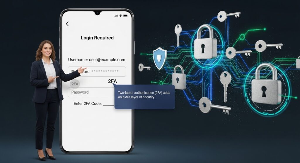Two-Factor Authentication 2FA security process with smartphone verification code and password login screen
