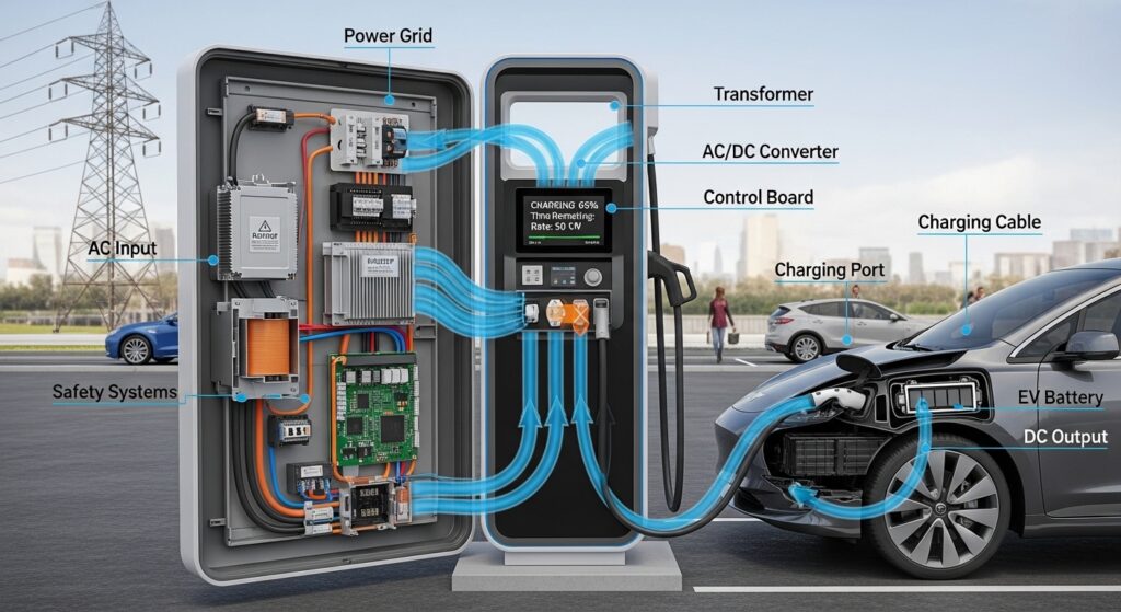 Electric vehicle charging station showing plug-in and charging process