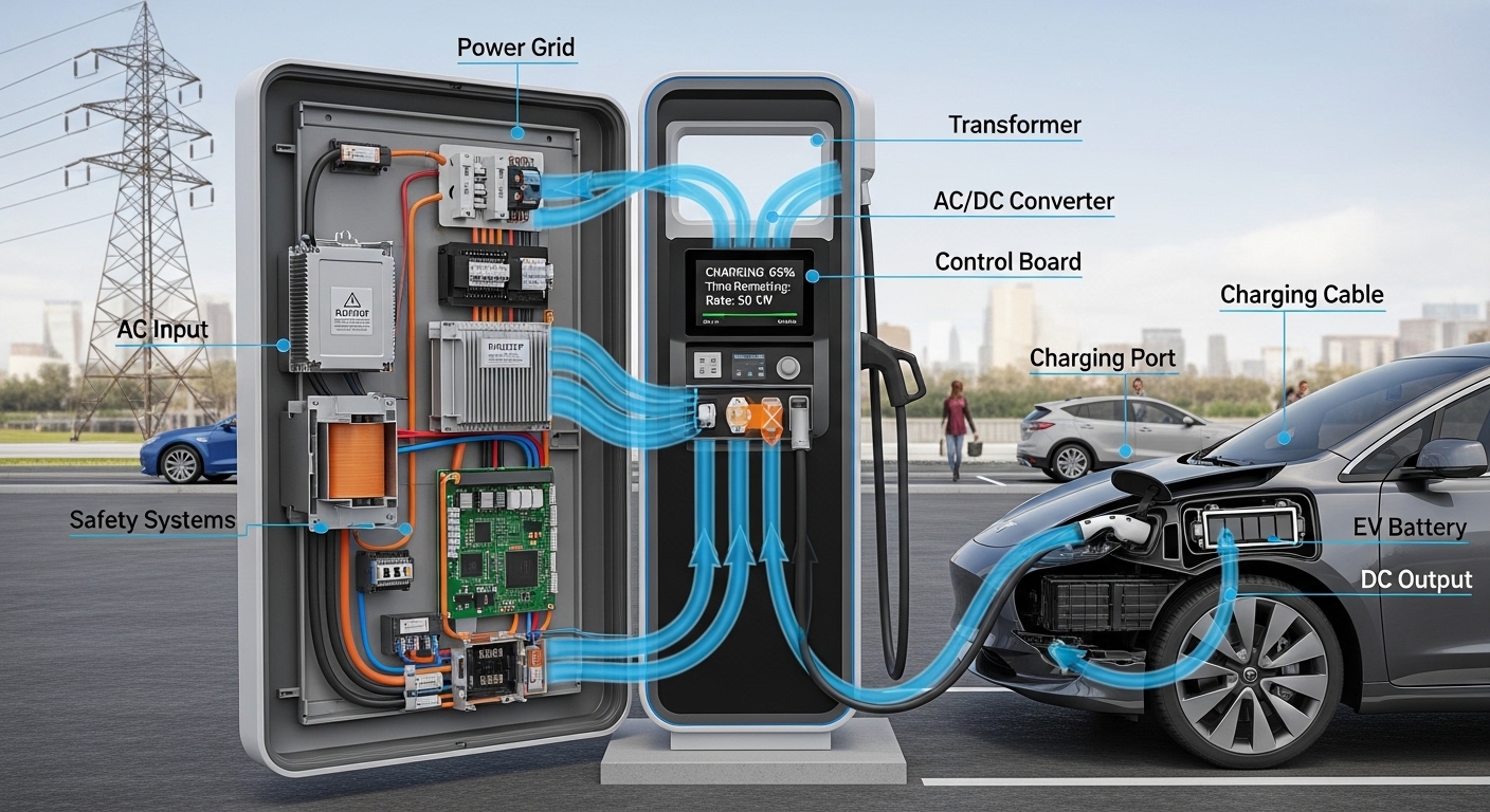 Electric vehicle charging station showing plug-in and charging process