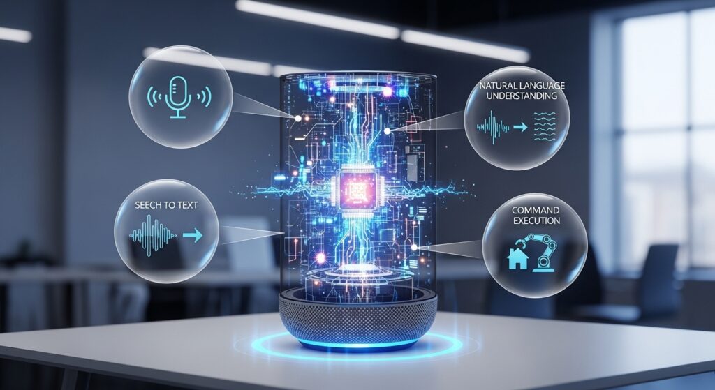 How smart speakers process voice commands using AI voice recognition and cloud-based natural language processing technology