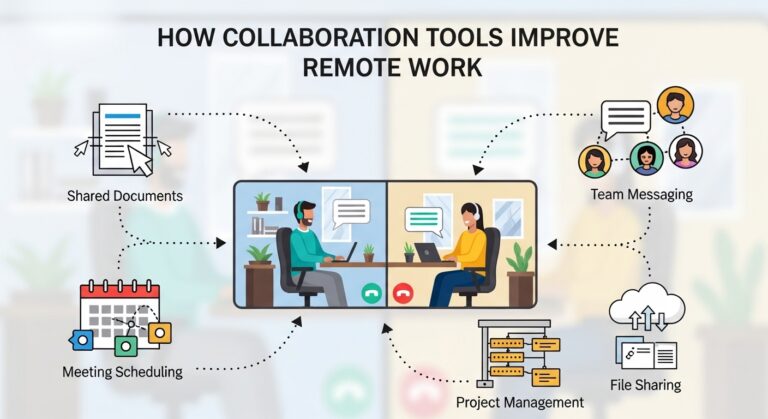 Remote team using collaboration tools for video conferencing and project management online