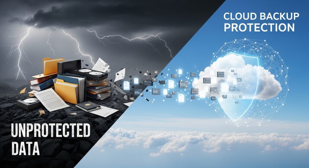 Cloud backup services protecting files with encryption shield and secure data storage concept