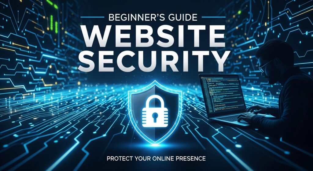 Beginner’s guide to website security concept with laptop, padlock icon, and cybersecurity protection interface