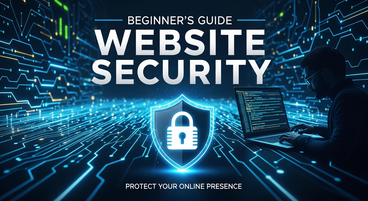Beginner’s guide to website security concept with laptop, padlock icon, and cybersecurity protection interface