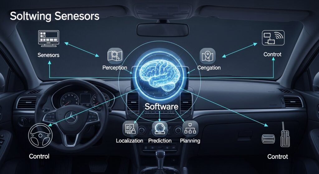 Diagram showing autonomous vehicle equipped with LiDAR, cameras, and radar sensors using AI software to navigate roads safely