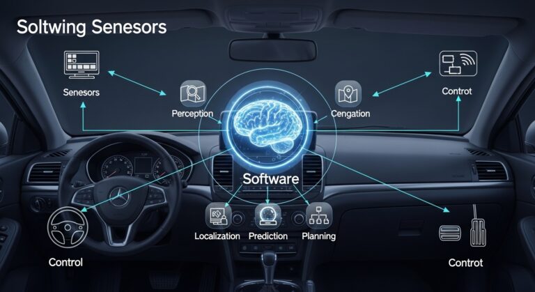 Diagram showing autonomous vehicle equipped with LiDAR, cameras, and radar sensors using AI software to navigate roads safely