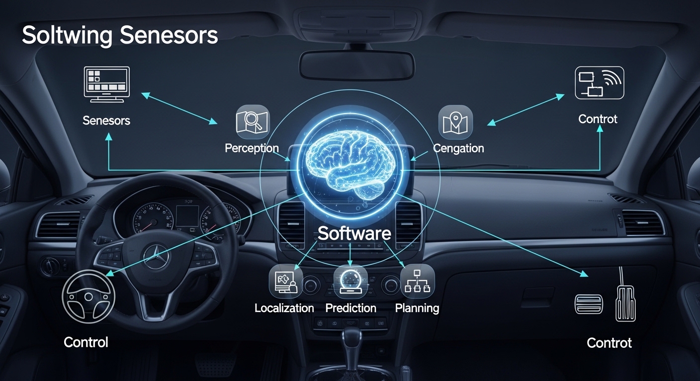 Diagram showing autonomous vehicle equipped with LiDAR, cameras, and radar sensors using AI software to navigate roads safely