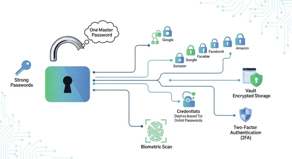 Secure password manager protecting online accounts with encryption