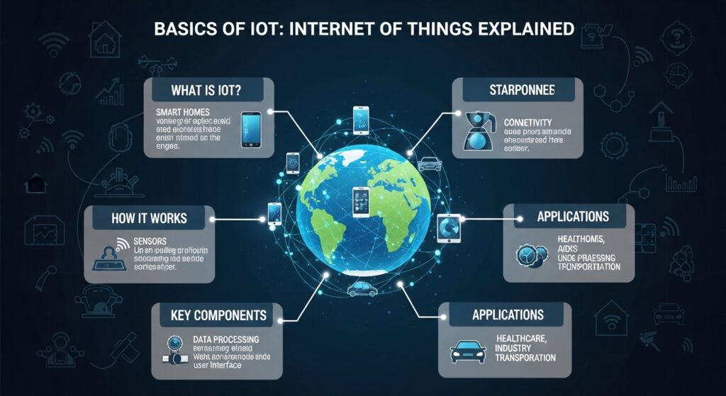 Basics of IoT showing smart home devices connected through Internet of Things network
