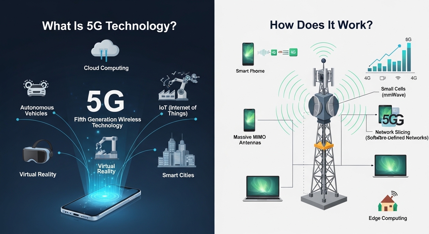 5G cellular tower transmitting high-speed wireless network signals in urban city