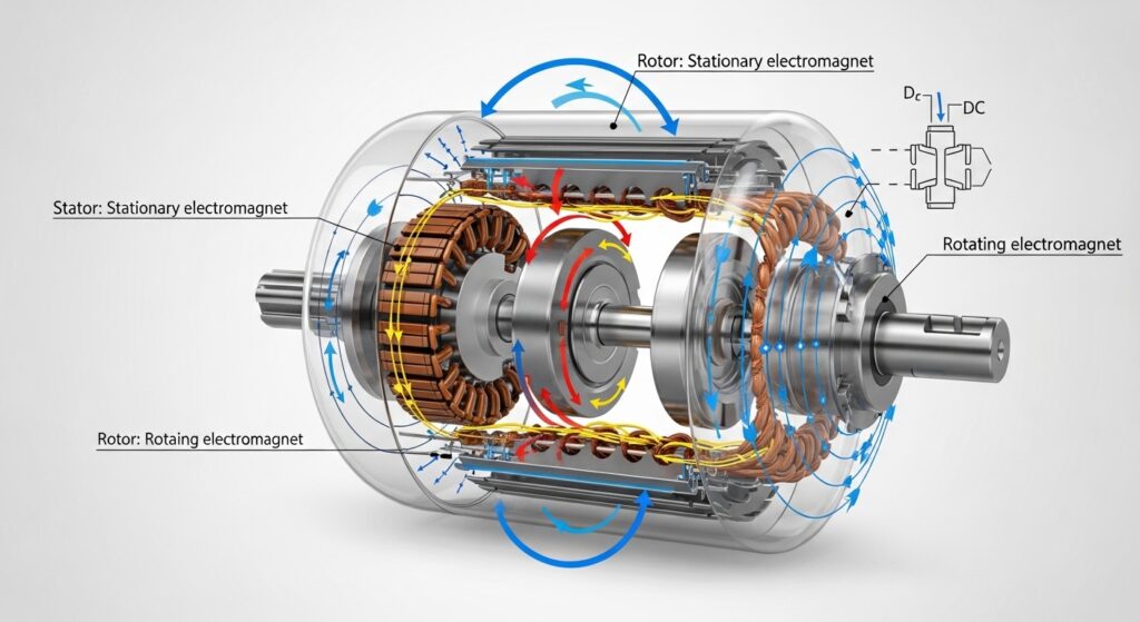 Diagram showing the inner components of an electric motor including rotor, stator, and magnetic fields