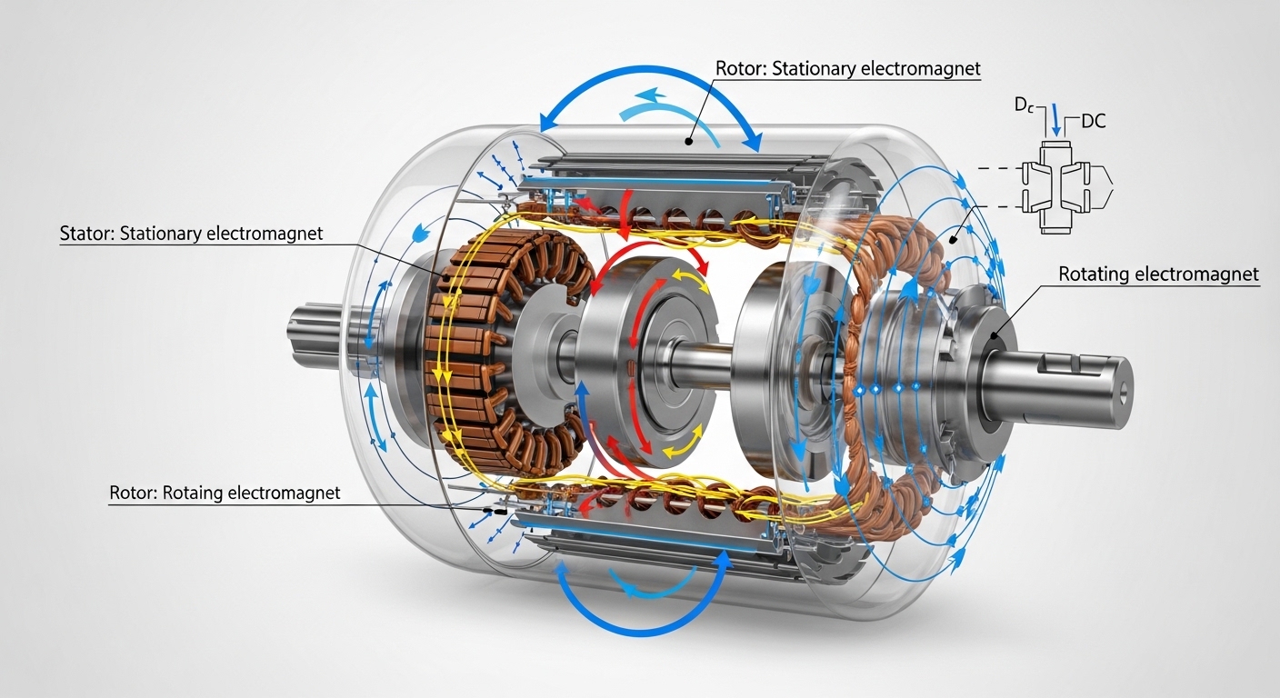 Diagram showing the inner components of an electric motor including rotor, stator, and magnetic fields