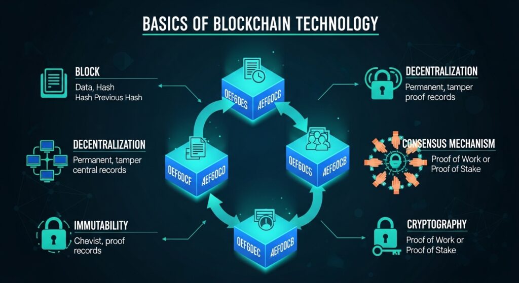 Basics of Blockchain Technology illustration showing digital blocks connected in a chain