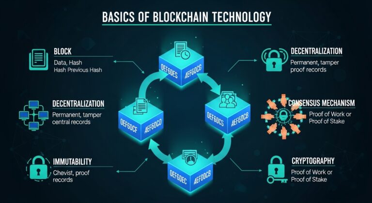 Basics of Blockchain Technology illustration showing digital blocks connected in a chain