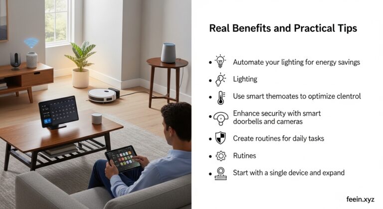 Smart home devices in modern living room showing automation, energy efficiency, and convenience