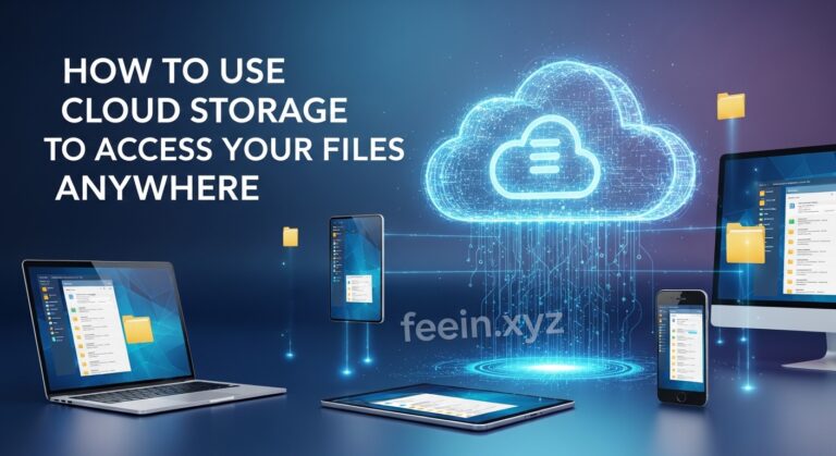 Cloud storage concept showing files syncing between laptop smartphone and tablet