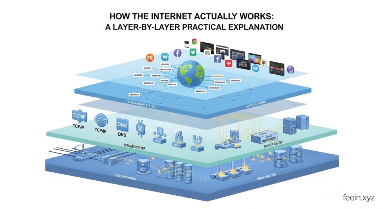 Diagram explaining how the internet works through global infrastructure including servers, cables, and data routing layers.