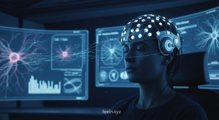Brain-computer interface connecting human brain to digital network with neural signals visualization