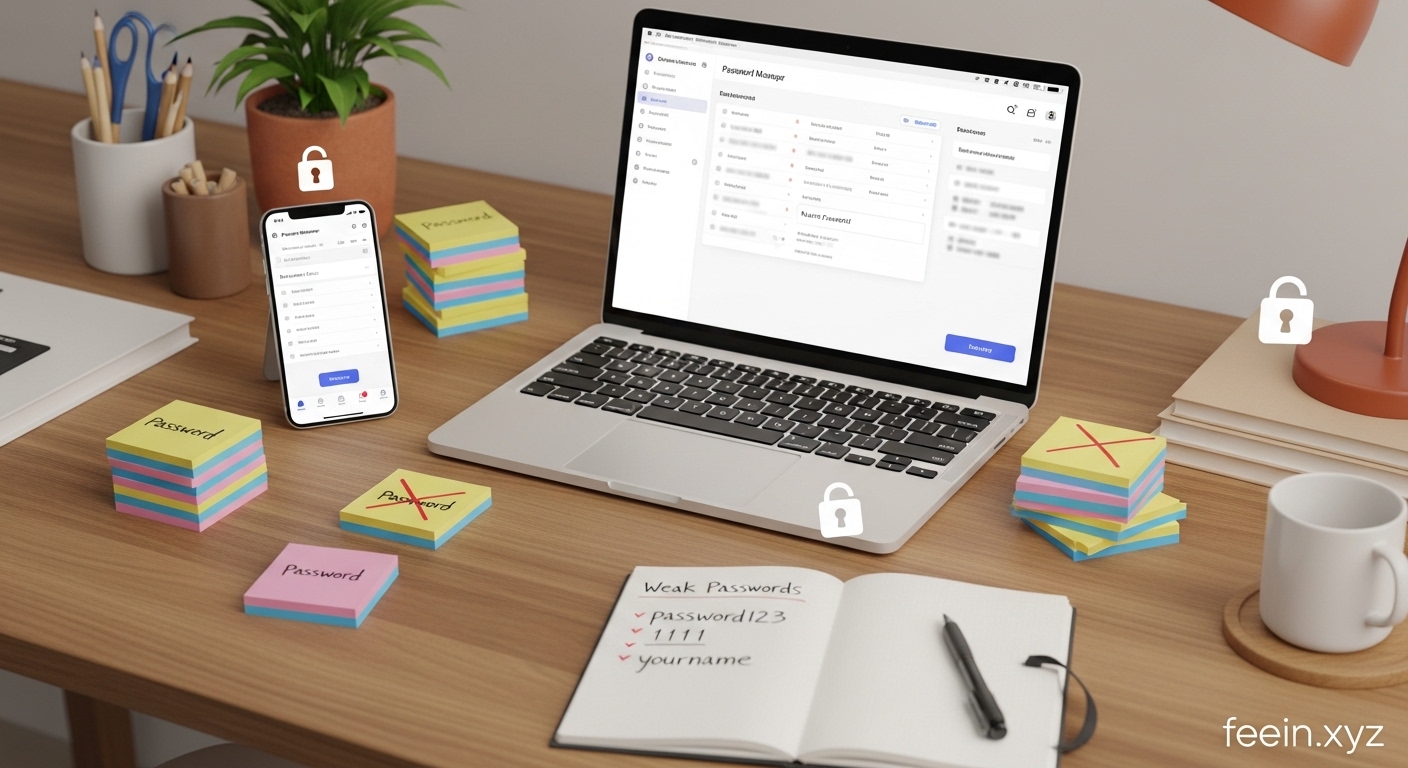 Person using a password manager app on laptop to securely organize all online account passwords in one place