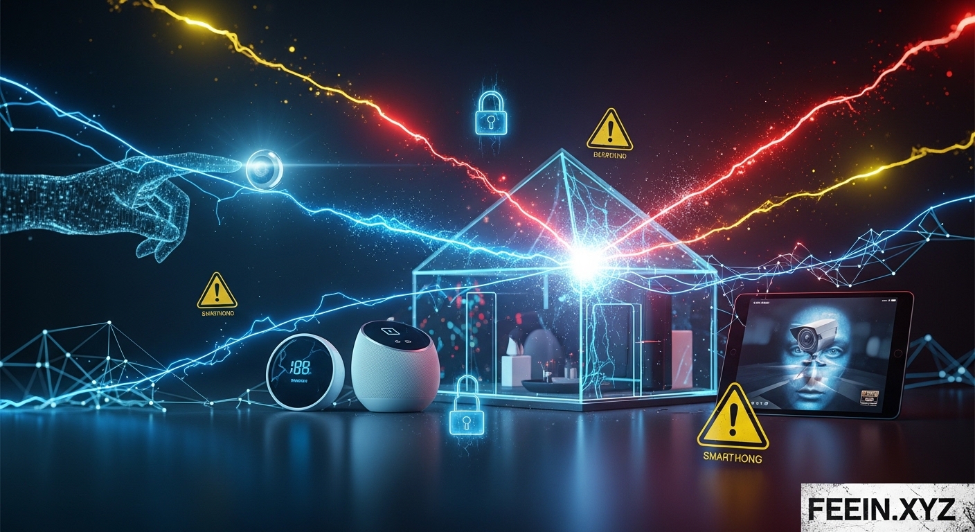 Real security risks of smart home devices showing hacked smart camera, vulnerable Wi-Fi router, and connected IoT gadgets exposed to cyber threats