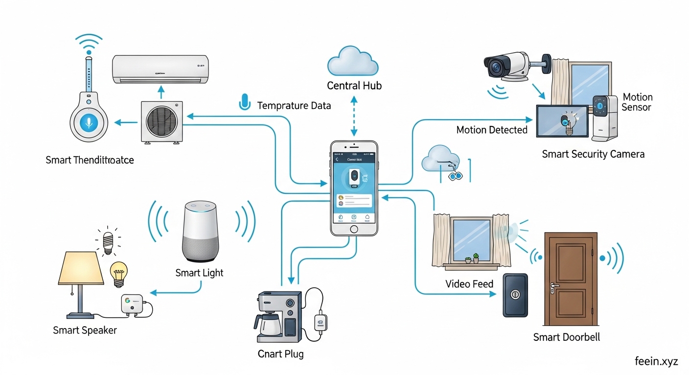 How smart home devices work together using a central hub connecting lights thermostat security camera and voice assistant