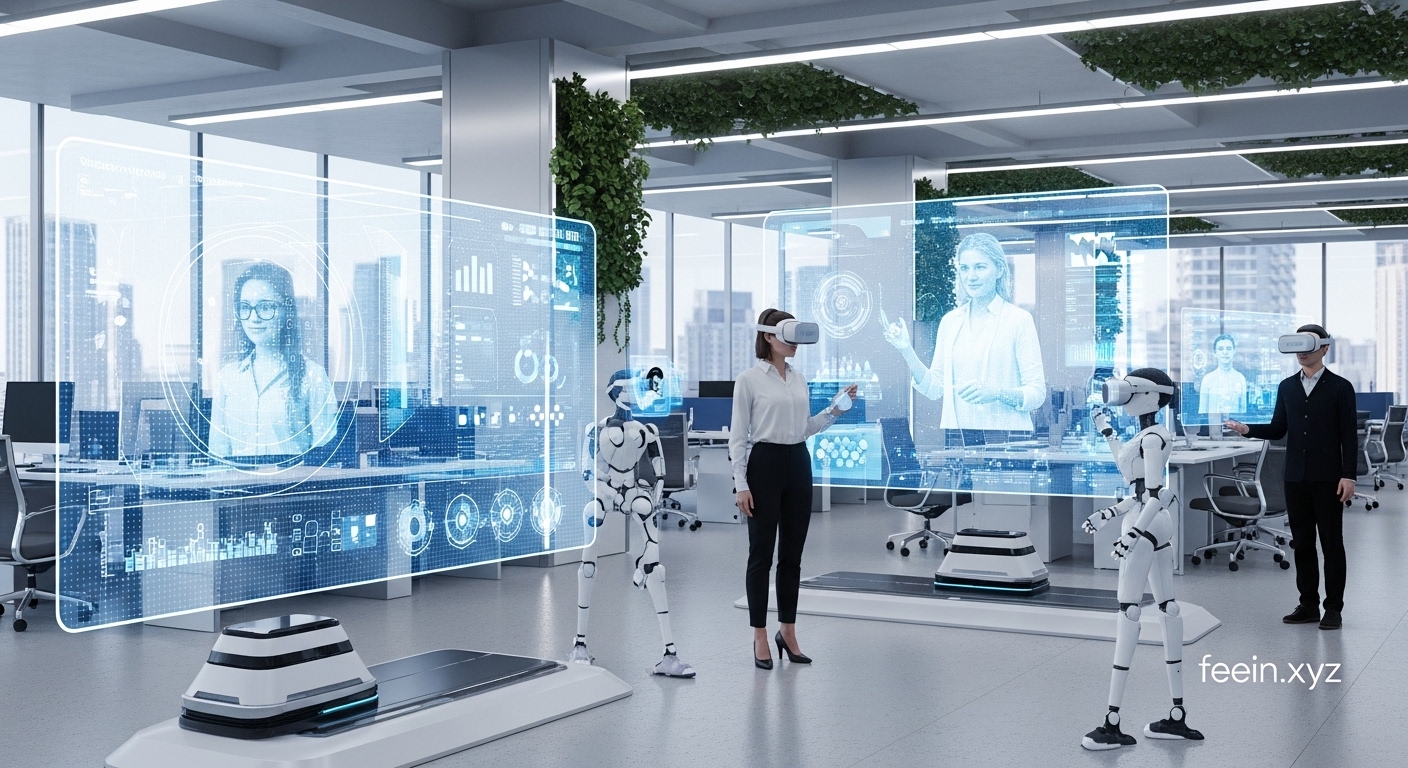 Modern smart workspace with digital screens, AI-powered tools, and fully connected office environment of the future