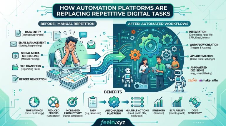 Professional illustration showing how automation platforms replace repetitive digital tasks through AI-powered workflow automation, smart integrations, and productivity tools for modern businesses.