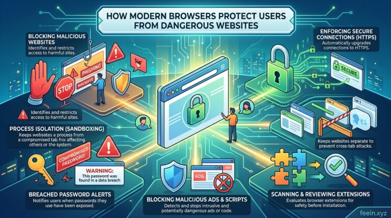 Modern web browser displaying advanced security protection against dangerous and malicious websites