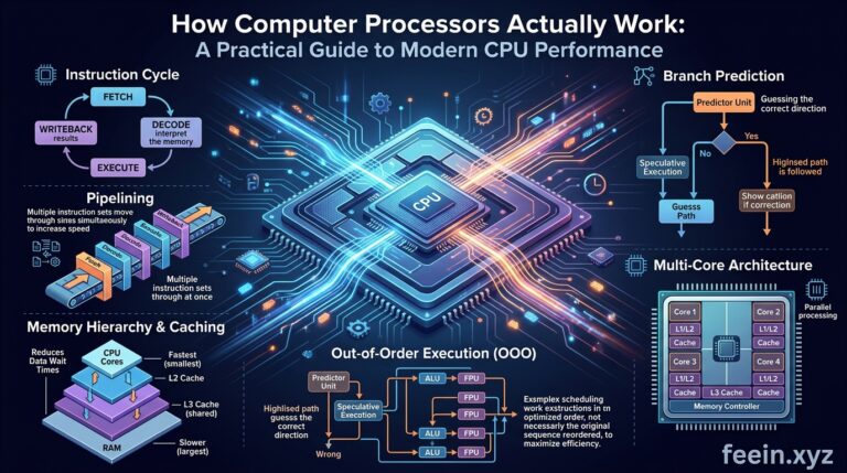 Close-up view of a modern computer processor installed on a motherboard, explaining how CPUs process data and improve system performance.