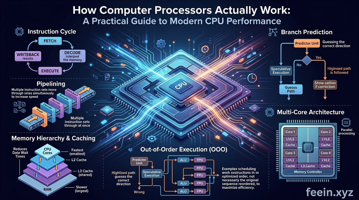 Close-up view of a modern computer processor installed on a motherboard, explaining how CPUs process data and improve system performance.