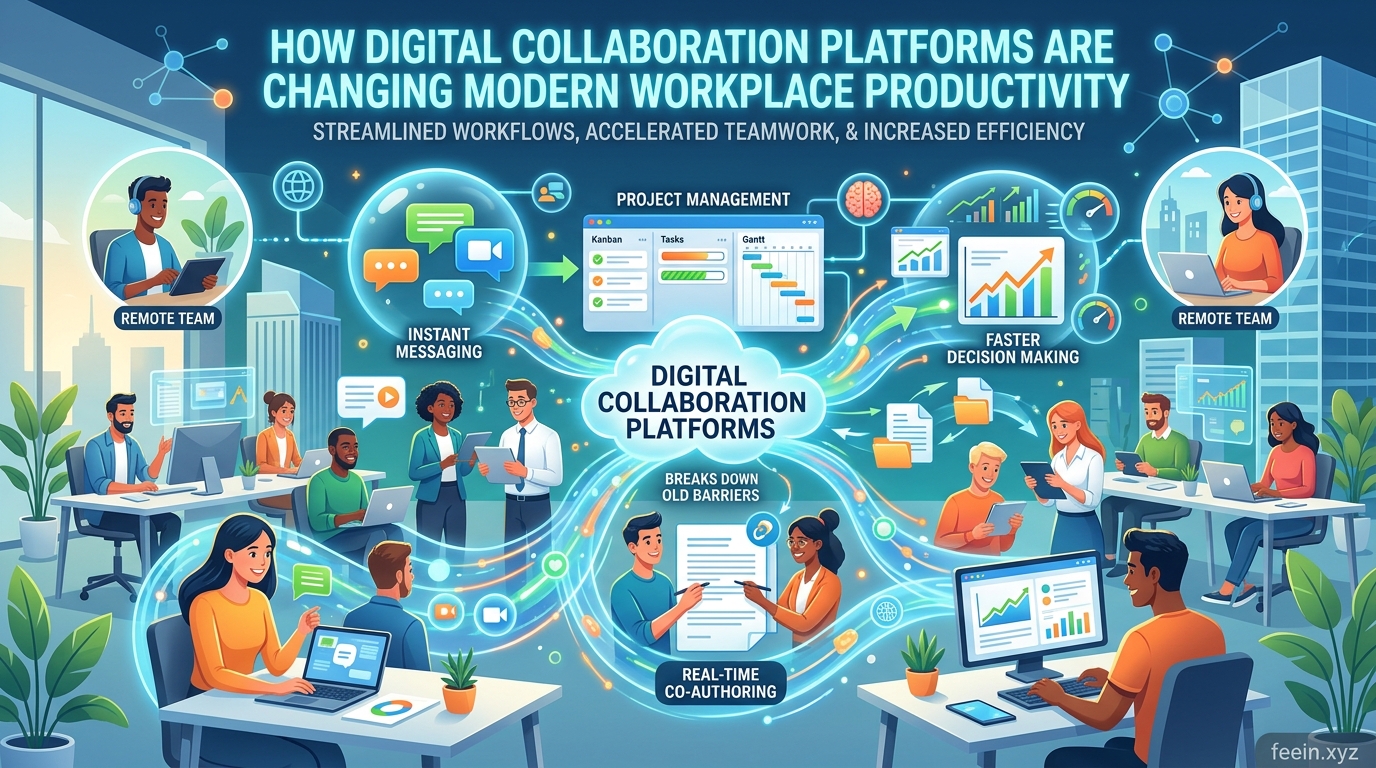 Team members using digital collaboration platforms to improve communication, remote teamwork, and workplace productivity in a modern office environment