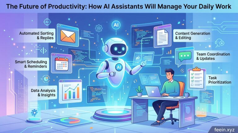 AI assistant managing daily work tasks on a modern digital workspace with smart productivity tools and automated scheduling