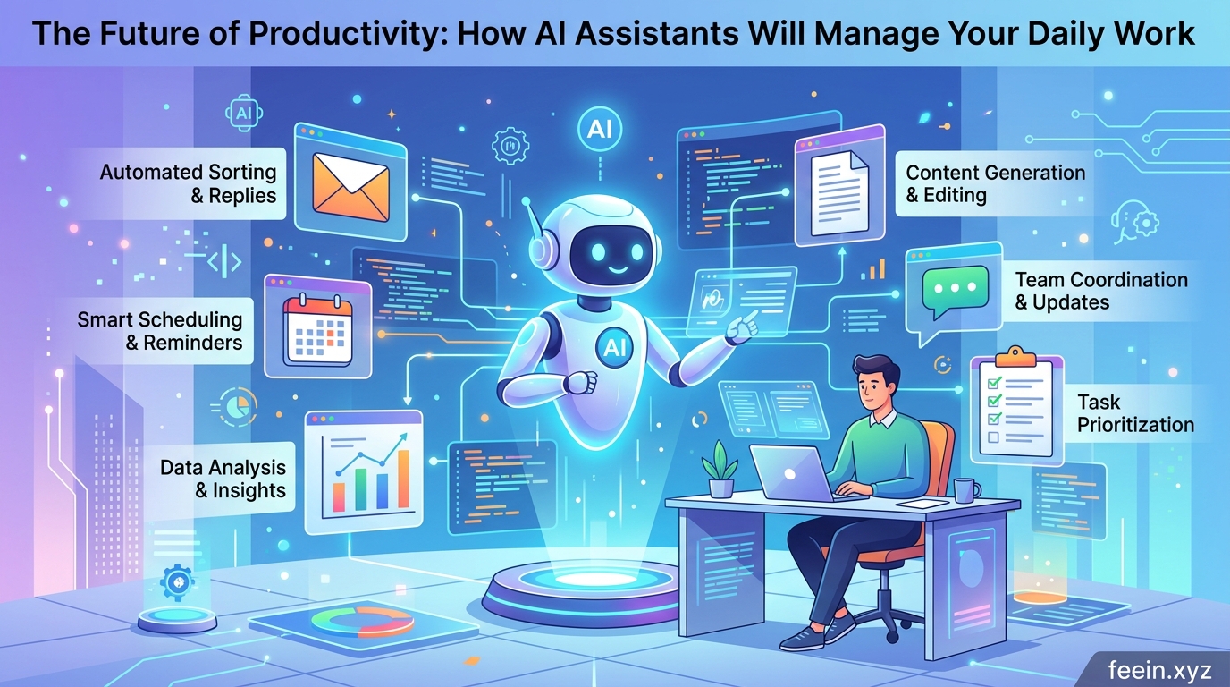 AI assistant managing daily work tasks on a modern digital workspace with smart productivity tools and automated scheduling
